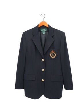 Ralph Lauren Navy Wool Crest Blazer with Gold Buttons